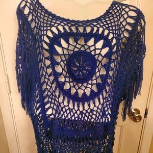 Blue Crochet Fringe Boho Beach Macrame Cover Up